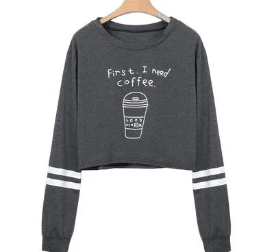 Lasperal carta imprimir primeiro eu preciso de café hoodies mulheres outono moda manga longa casual moletom cortada tops