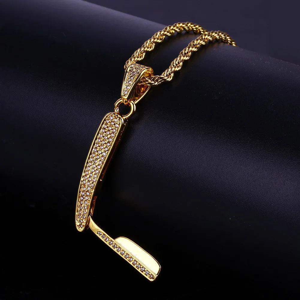 Fashion-Luxury 18K Gold Cz Cubic Zirconia Razor Pendant Twist Chain Halsband Hip Hop Rock Rapper Smycken Gåvor för män och kvinnor Partihandel