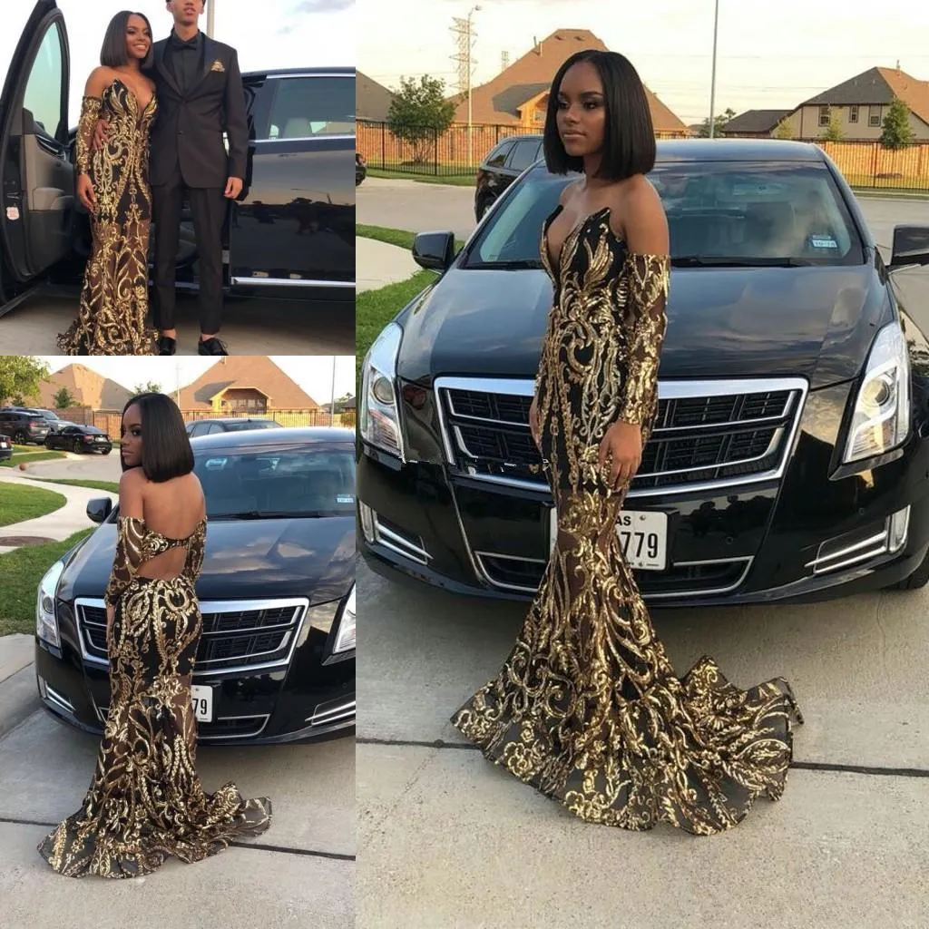 South African Black Mermaid Prom Klänningar Sweetheart Gold Sequined Black Girls Plus Size Evening Gowns Special Occasion Dress AbendKleider