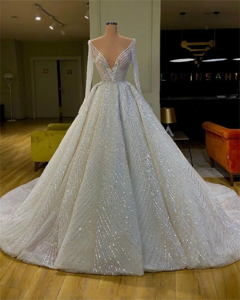 Gorgeous Luxury Wedding Dress Plus Size Deep V Neck Lace Sequins Long Sleeve Vestido De Noiva Ruffles Church Bridal Gowns