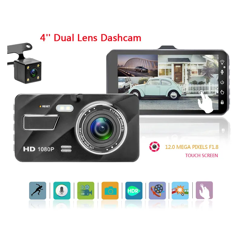 4 inç dokunmatik ekran arabası DVR 2Ch Sürüş Kaydedici Araba Dash Camera Full HD 1080p 170 ° geniş görünüm açısı çift lens gece görüşü