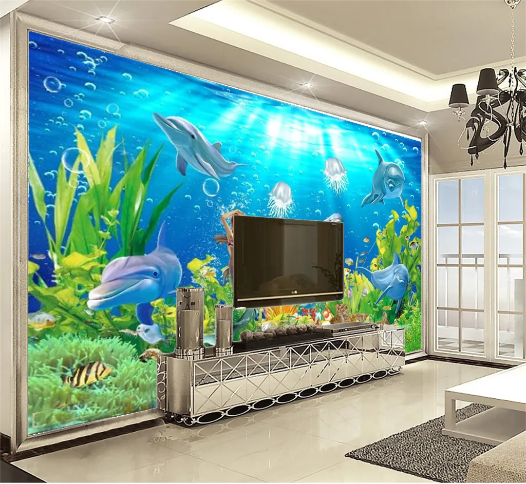 Promocional Papel de parede 3d Dolphin Mermaid Exquisite Underwater World TV Indoor Fundo da parede Decoração Mural Wallpaper