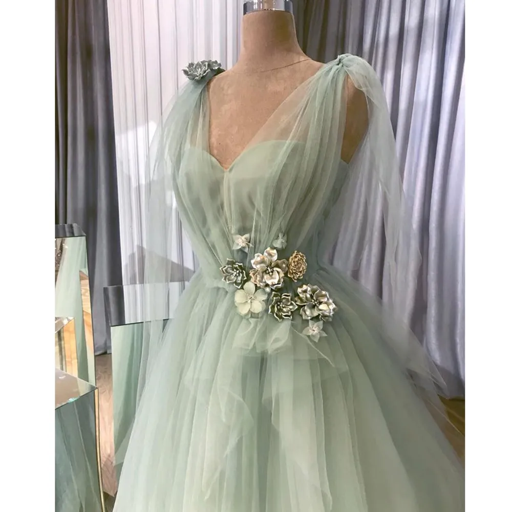 Bonita Menta Verde 3D Vestidos de Prom Vestidos V-Neck Ruffles A-Line Vesticios de Avisos V-Pescoço V-Pescoço Lace Up Plus Size Party Dress