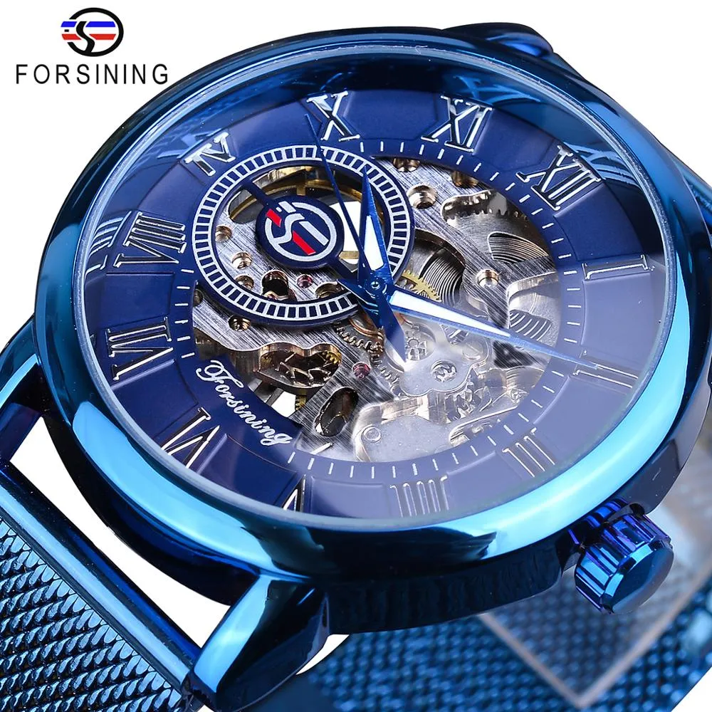 Horloges mannen die blauw mechanisch horloge heren, casual mode handwind ultra dunne slanke mesh stalen riem sport horloges relogio hoge kwaliteit