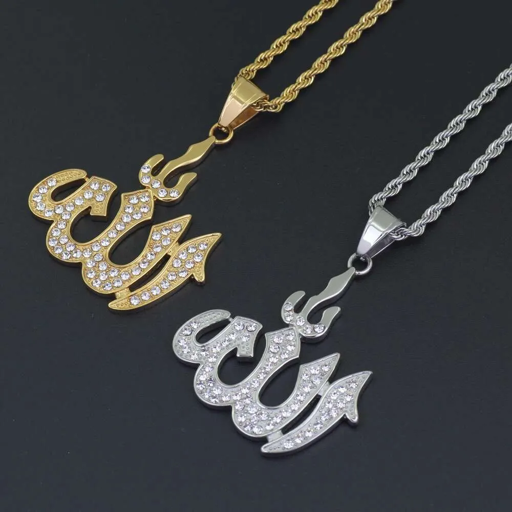 hip hop Musulmani islamici collane con ciondolo di diamanti per uomo donna Collana di lusso con strass in acciaio inossidabile Catena cubana Religione j304K