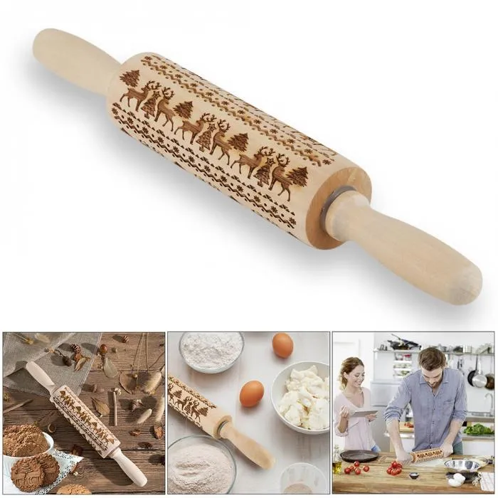 8 Designs Embossing Christmas Rolling Pin Houten Kerst Gegraveerde Gesneden Embossing Rolling Pin Dough Stick Bakken Keuken Gebak Tool