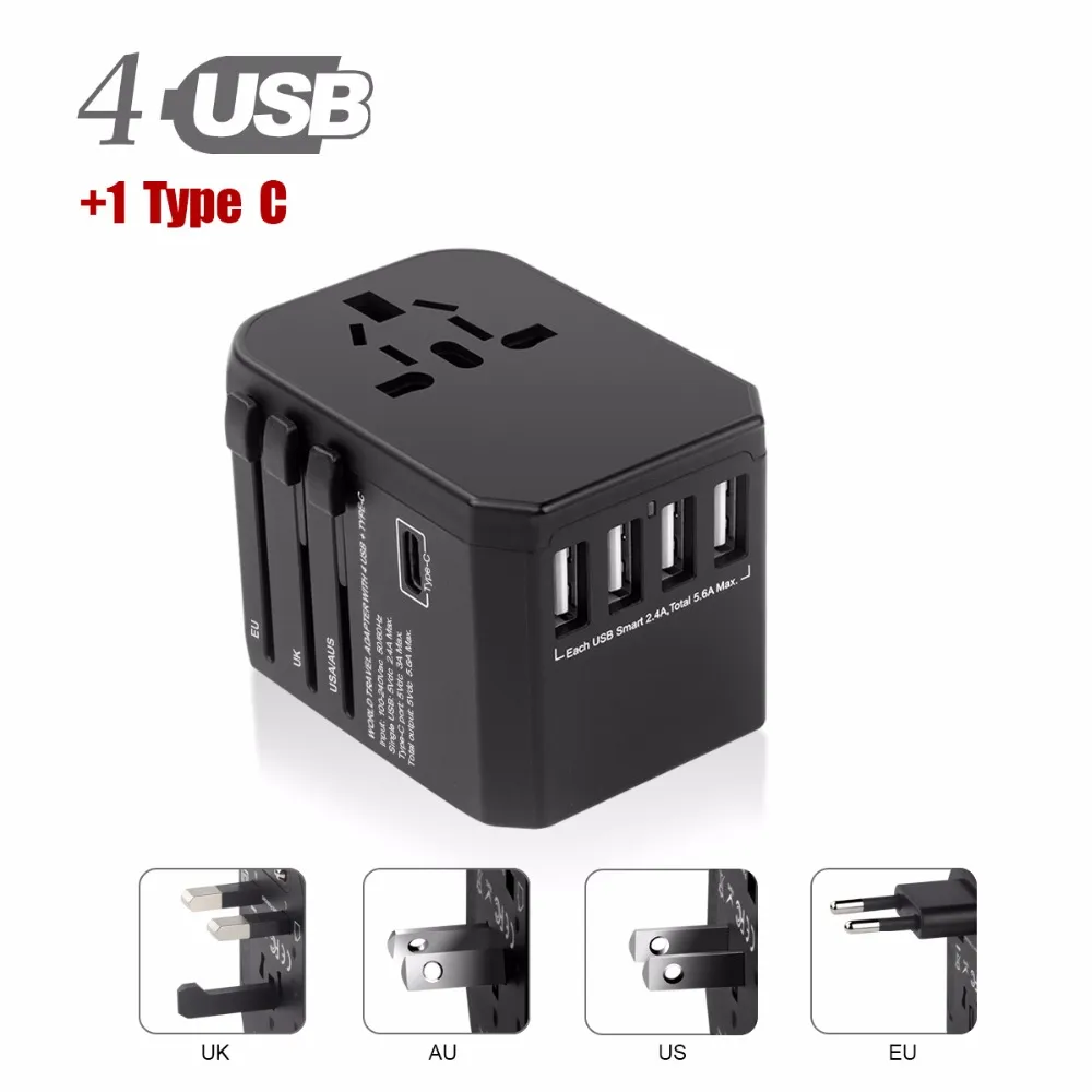 USB Tipo C Travel Power Plug Adapter 5 portas USB (4 USB tipo A + 1 Type C) Carregador de parede - para o tipo I C G A Outlets EU Euro EUA UK