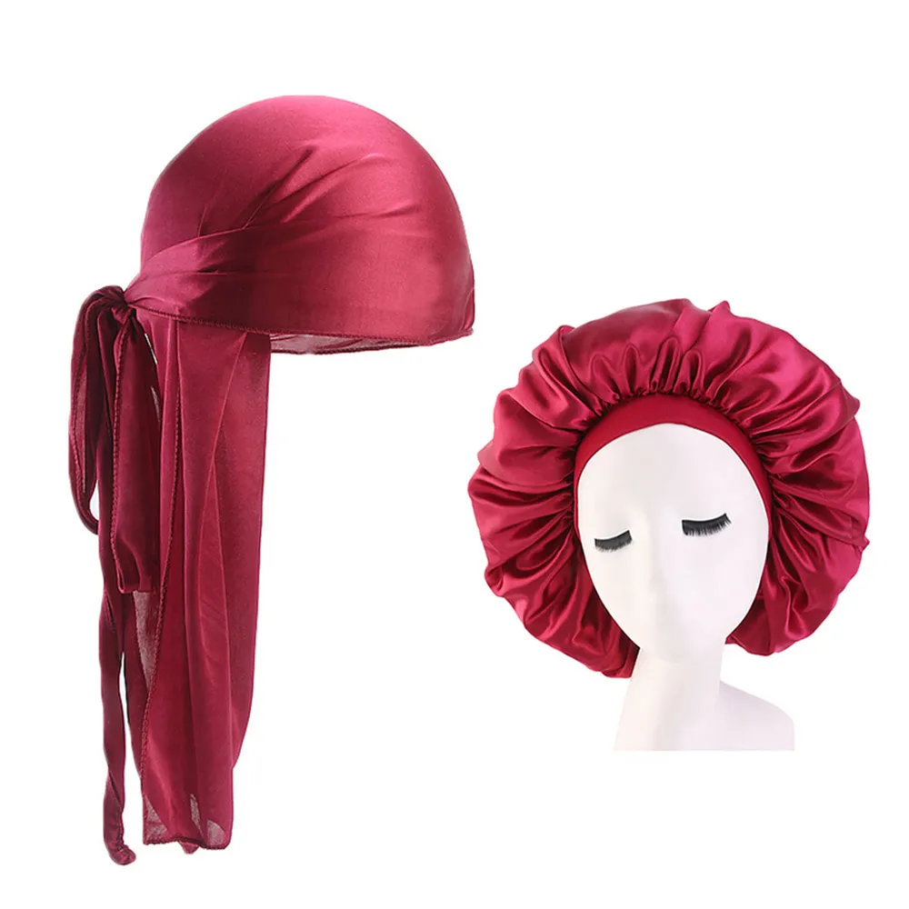 Hot Sales Durag And Bonnet 2pcs Set Men Long Long Tail Silky Durag Headwrap And Women 42cm Extra Big Bonnet Comfortable Sleeping