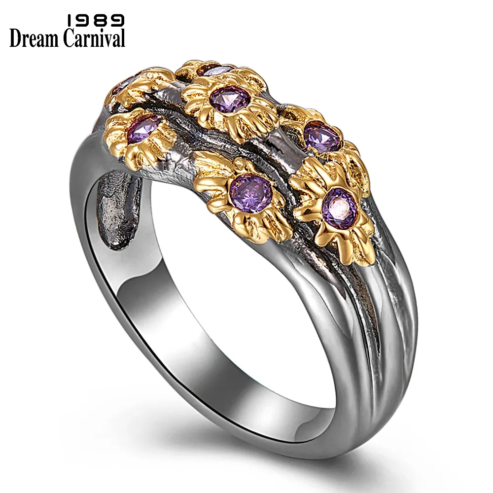 DreamCarnival 1989 Anéis Neo-gótico Mulheres Banda de casamento dourado Cor Flores com roxo Zircon Moda Jewlery Wholesale WA11638