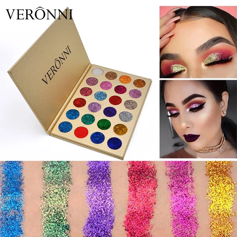 Veronni glitter ögonskugga palett makeup pigmenterade glitter skuggor skimmer skönhet kosmetika ögon skugga palett 24 färger set