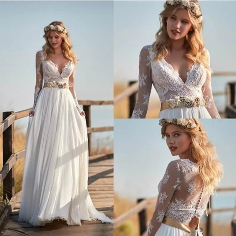 Abiti da sposa in pizzo spiaggia maniche lunghe in chiffon vintage 2019 Nuovo arrivo scollo a V maniche lunghe abiti da sposa abito da sposa linea