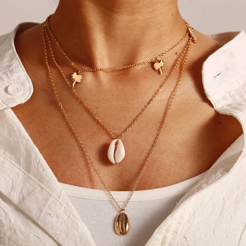 Vrouwen Meerlagige creatieve witte Pearl Sea Shell Hang ketting Fashion Boheemian Retro Necklace Sieraden Nieuwe stijl