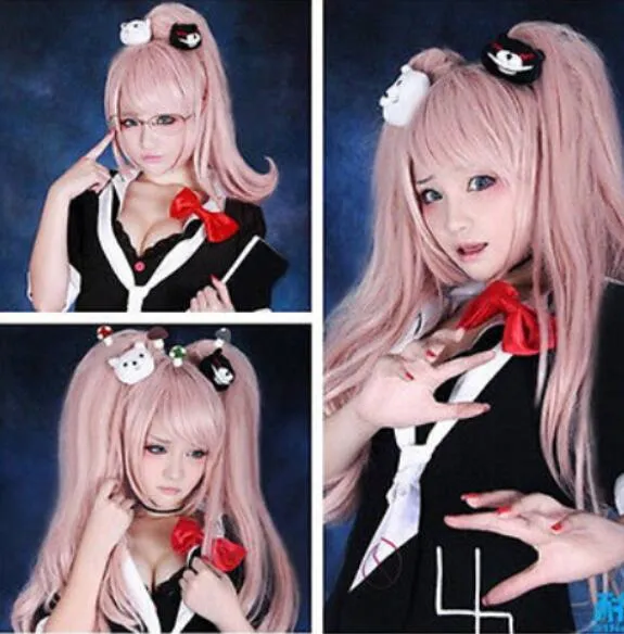 Darmowa Wysyłka + ++ 65 CM Anime Super Danganronpa 2 Junko Enoshima Długie Różowe Cosplay Wig Ponytails