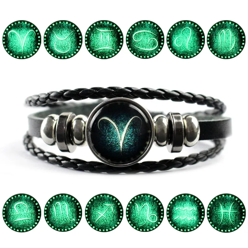 12 Constellations Luminous Bracelets Men Leather Vintage Zodiac Signs Charm Bracelets for Men Boys Women Girls Jewelry Accessories Gifts