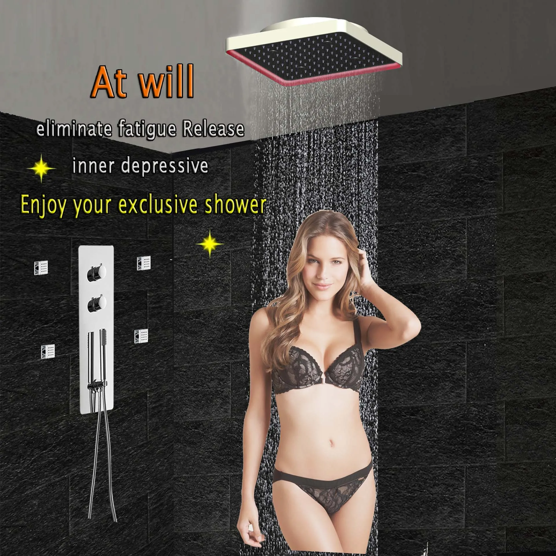 욕실 숨겨진 온도 조절 샤워 세트 패널 믹서 수도꼭지 LED 천장 샤워 헤드 300x300 비 안개 마사지 제트 LF5282