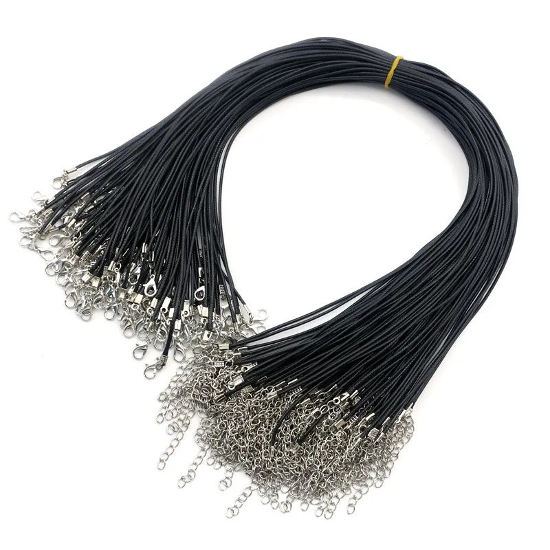 Black Chain Necklaces 1.5mm Leather Cord Wax Rope Wire for Pendant DIY Gift Jewelry Making Accessories Collars with Lobster Clasp 45CM+5CM