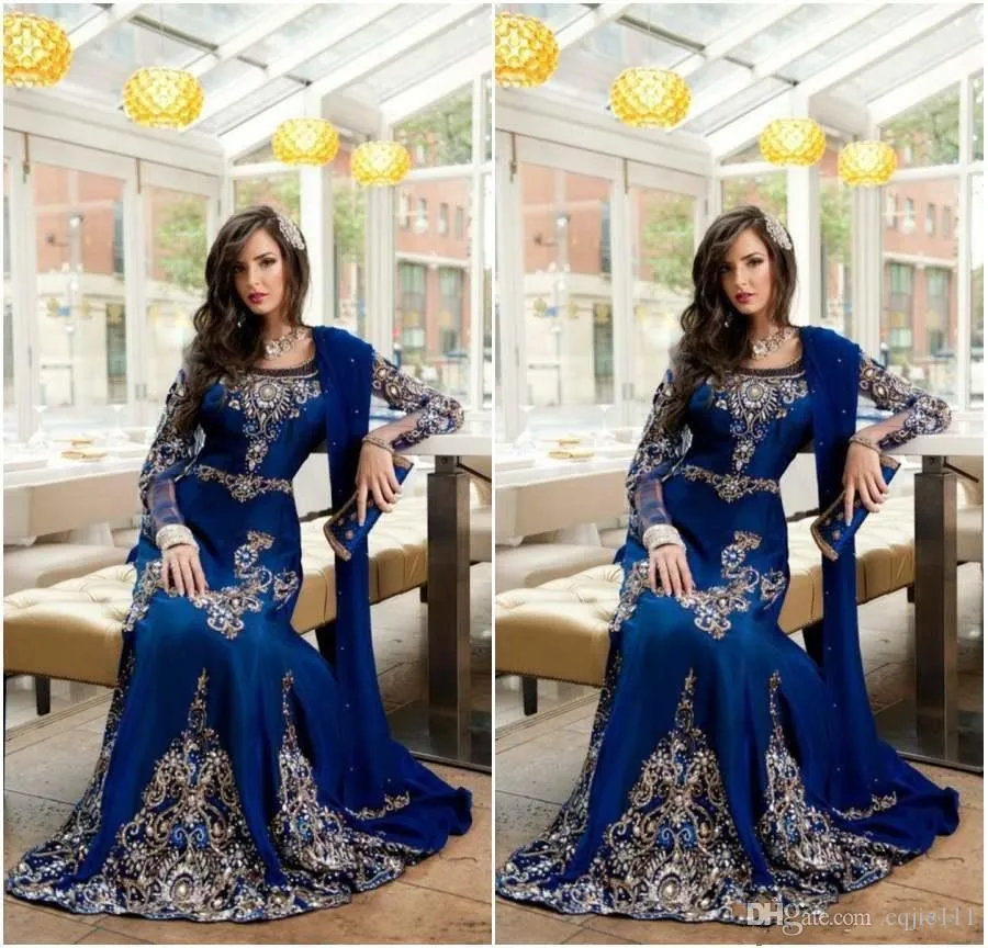 2019 New Royal Blue Luxury Crystal Muslim Arabic Evening Dresses Applique Lace Abaya Dubai Kaftan Long Plus Size Formal Celebrity Gowns