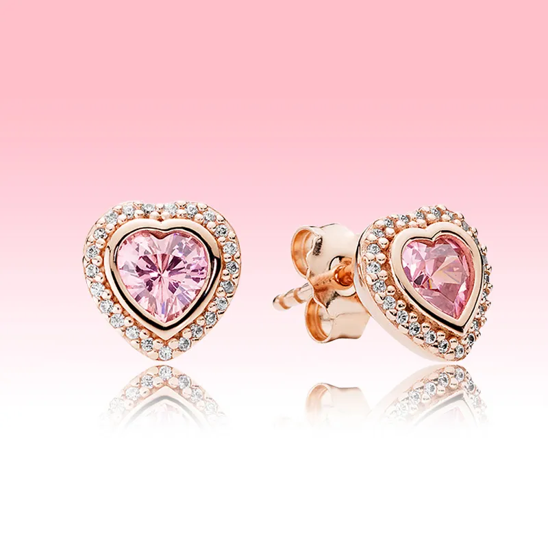 Pink Sparkling Heart Stud Earrings luxury designer Rose gold plated Jewelry for Pandora 925 Silver Love hearts Earring with Original box