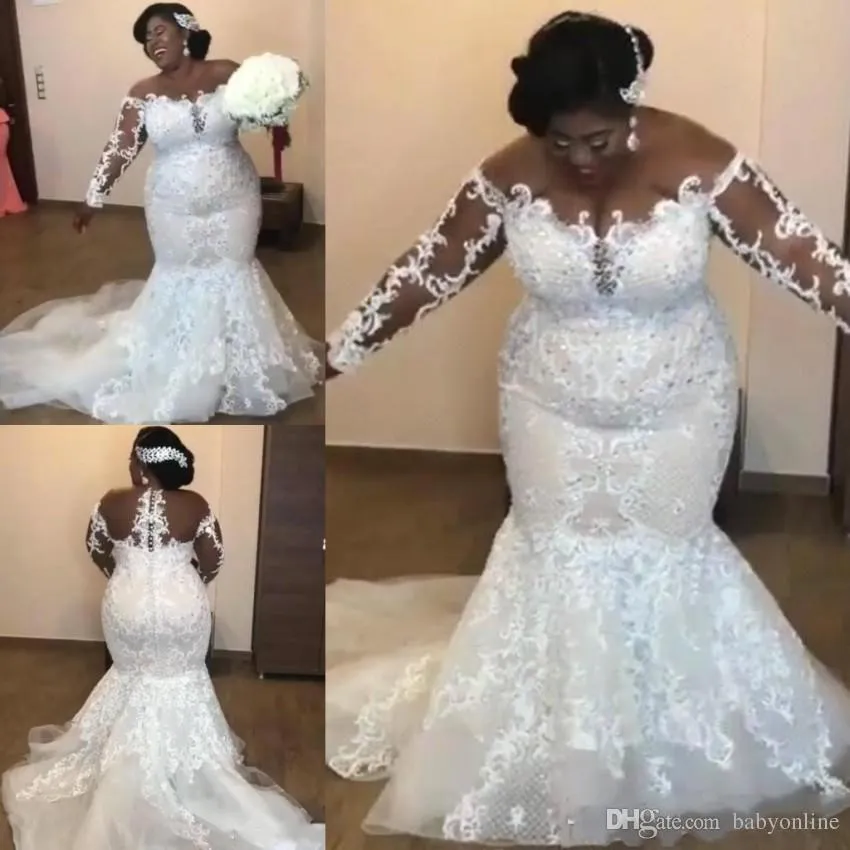 Sheer Neck Plus Size Mermaid Bröllopsklänningar 2019 Långärmade Snören Applique Beaded Court Tåg Bröllopsklänning Bröllopklänningar Hochzeitskleid