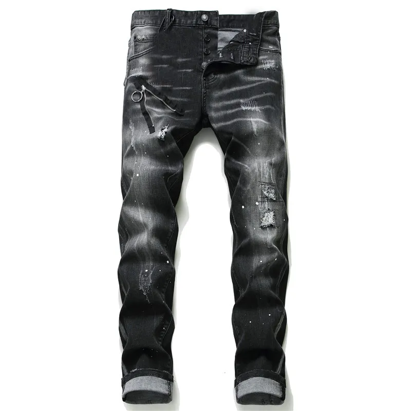 Eşsiz erkek sıkıntılı rozet siyah skinny jeans moda tasarımcısı ince fit yıkanmış motosik denim pantolon panelli hip hop bisikletçisi pantolon 1057