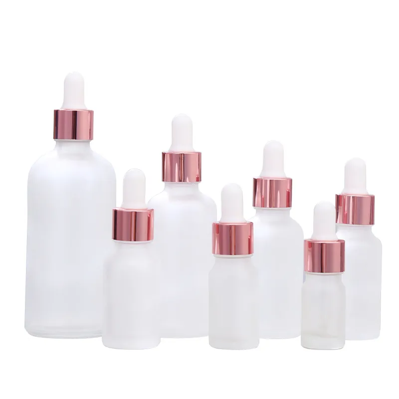 Rensa frostat glas Essential Oil Perfume Bottle Flytande Reagent Pipettera Dropperflaska med Rose Gold Cap 5-100 ml