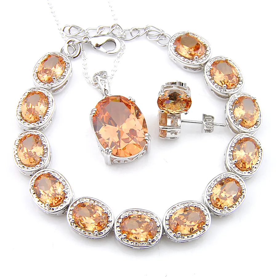 Mother Gift Stud Örhängen Hängsmycken Armband 3PCS Smycken Satser Ovala Morganite 925 Silver Halsband Sätter Mode för Kvinnor Smycken