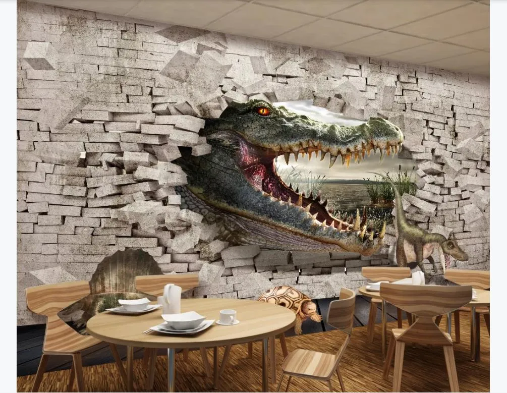 3d foto behang custom 3d muur muurschilderingen behang shock crocodile muur dinosaurus schildpad 3D driedimensionale schilderij achtergrond Muur