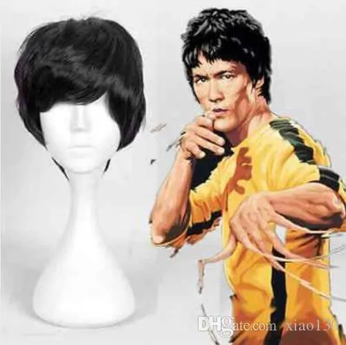 Bruce Lee Cosplay peruka czarne krótkie jedwabiste odporne włosy pełne peruki