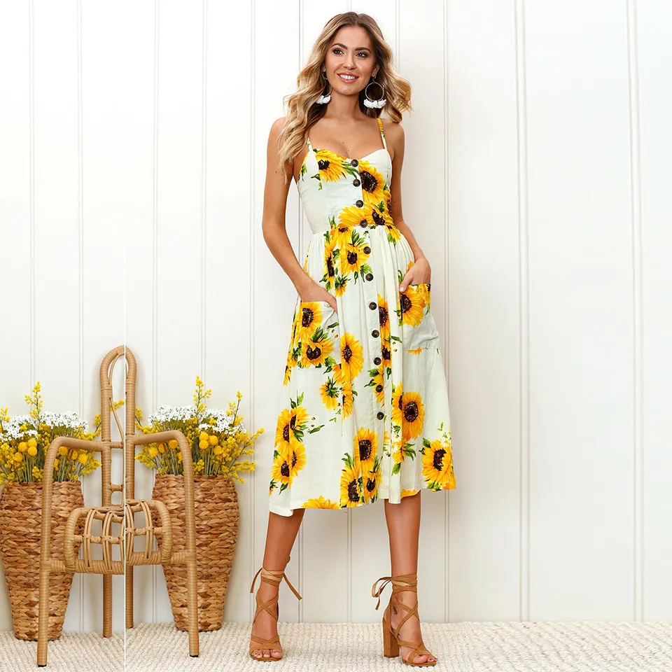 Vestidos de verano para mujer A-Line Casual Spaghetti Strap Button Down Floral Printed Midi Dress con bolsillos Sundresses