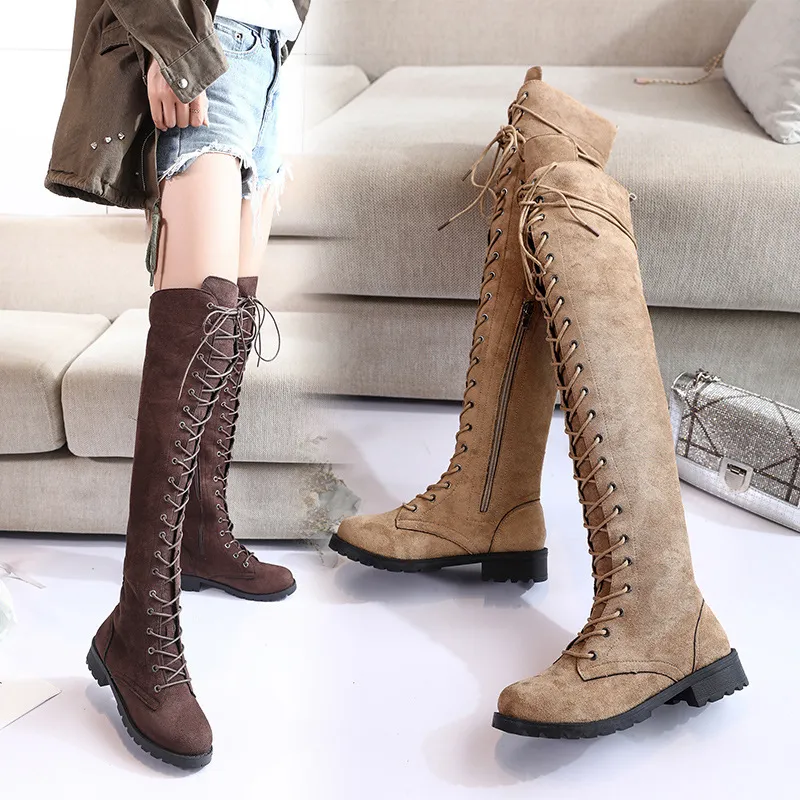 Hot Sale-Women over the knee high boots warm lace up matin shoes autumn vintage gladiator low heels booties woman mujer zapatos HP2397