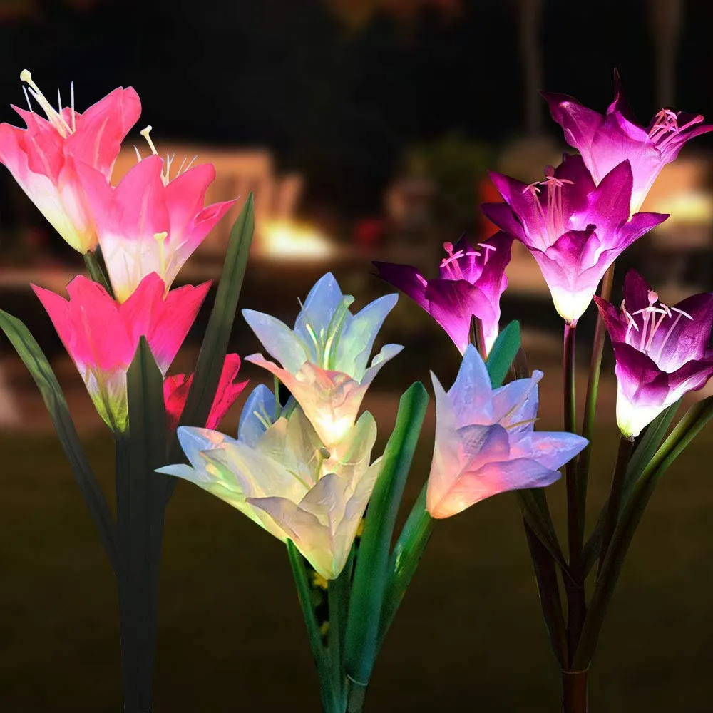 Lampes solaires d'extérieur – (lot de 3) Lampes solaires d'extérieur avec 12 fleurs de lys, fleurs solaires changeantes multicolores pour jardin/jardin
