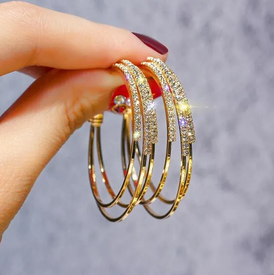 Women Jewelry Multilayer Round Hoop Earrings Shining Gold Silver Color Rhinestone Earrings for Wedding Party GA742