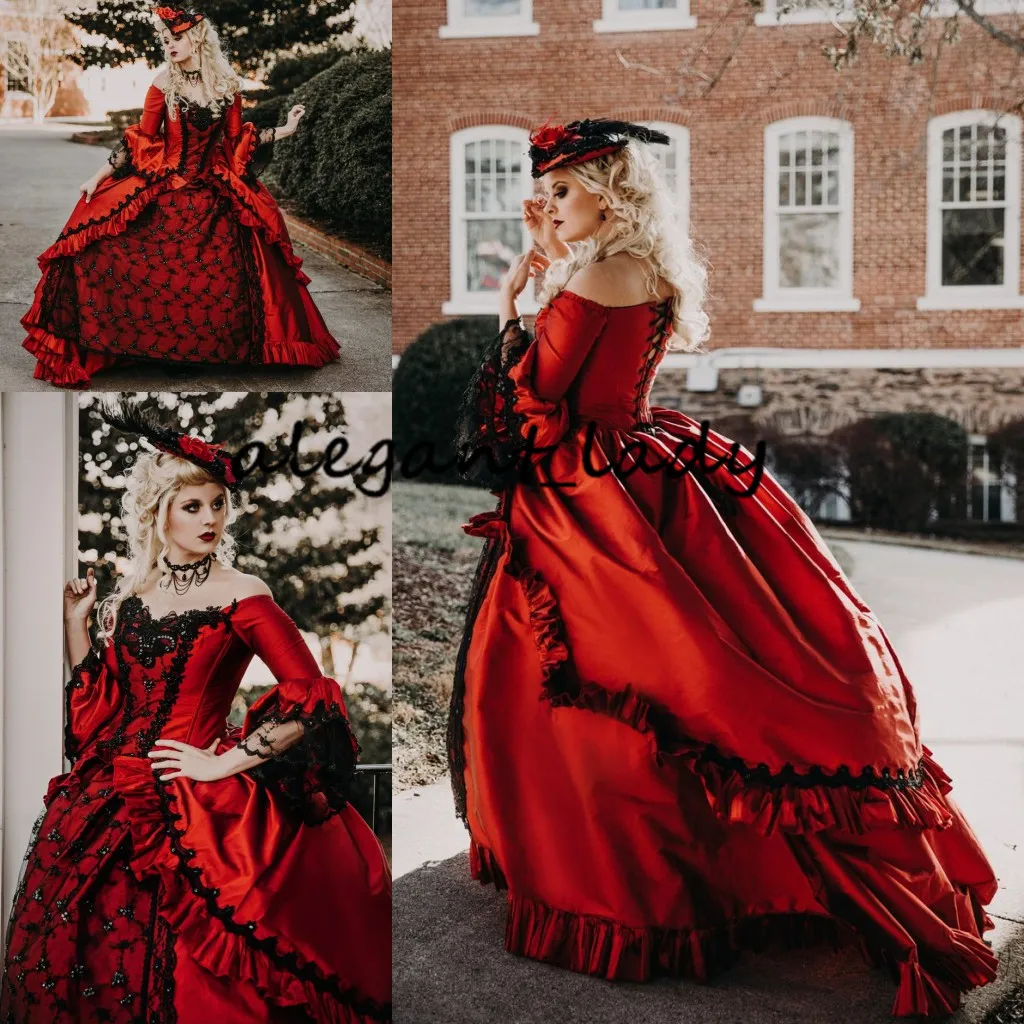 Red Black Marie Antoinette Exklusiv viktoriansk gotisk bröllopsdräkt klänning retro vintage snörning korsett plus size bröllopsklänningar