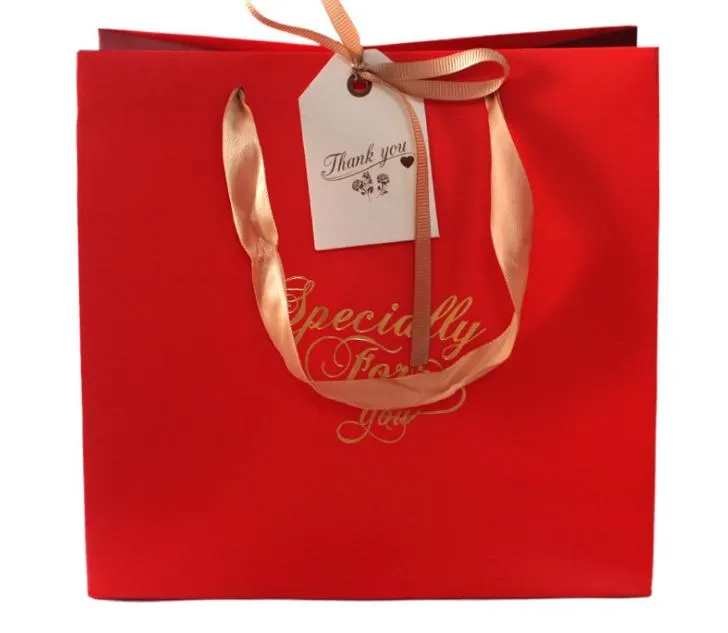 Paper Gift Bags with Ribbon and Thank You Card Candy Food Presents Packing Bag with Handles for Christmas Wedding