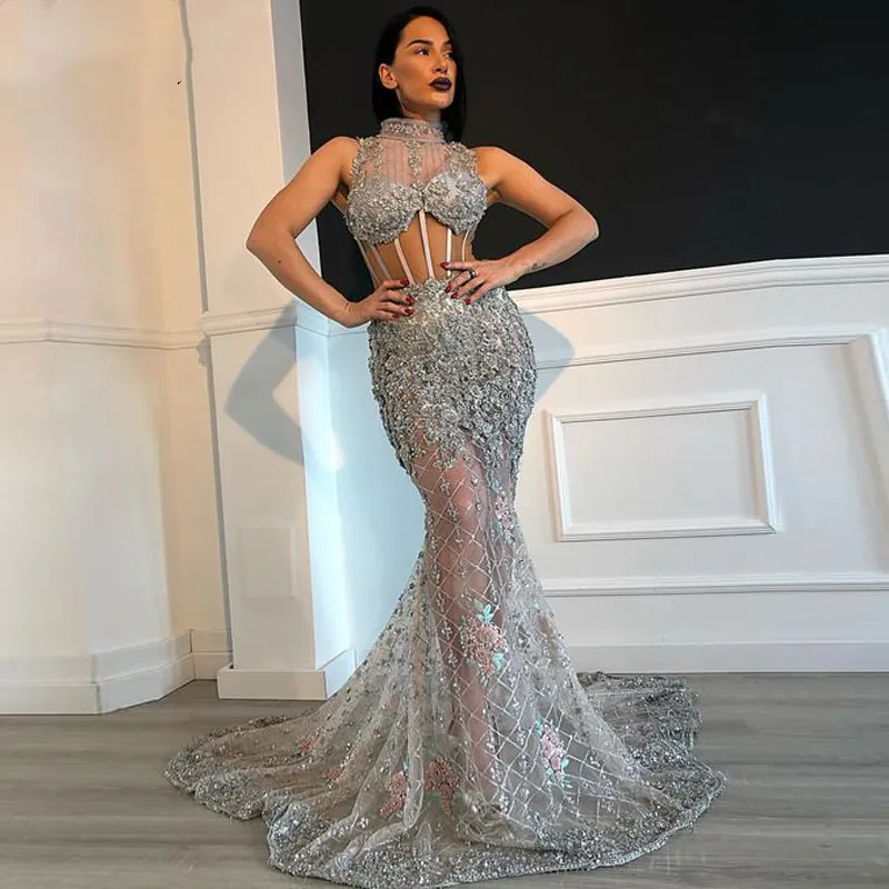 Mermaid Style Prom Gowns: Silver Sheer Lace Evening Dress, High