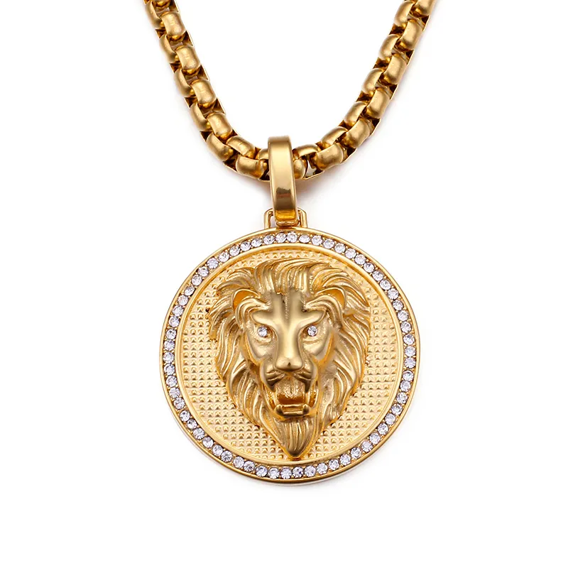 Lion Head Round Pendants Necklace Men's Hip Hop 316L Stainless Steel Cubic Zirconia Setting 18K Gold Plated Rap Jewelry