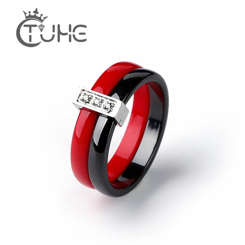 Rostfritt stål ring förlovningsring två lager rosa lila röda par keramiska ringar mode smycken kvinnor tillbehör anillos