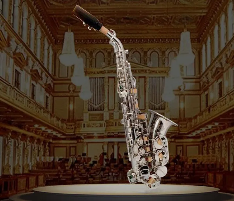 2020 Saxofone Soprano curvo sax prata instrumento musical Sintonizado-B com bocal transporte reed caso gratuito