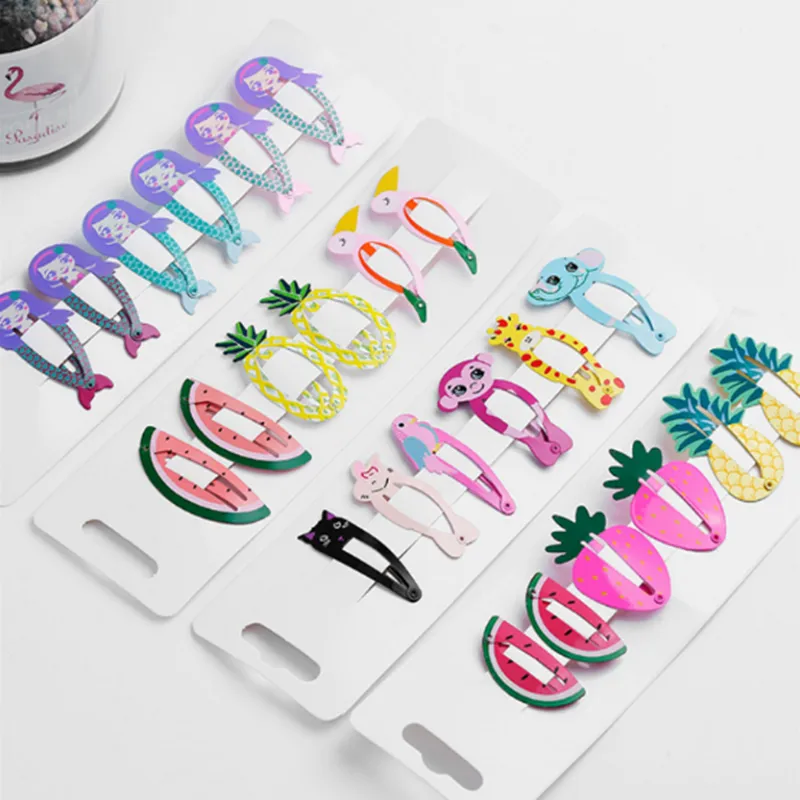 6 Stuk / partij Rainbow Snap Haar Clips 9 Stijl Baby Meisjes Haaraccessoires Leuke Cartoon Fruit Dier Haarspelden Metalen Kleur Barrettes FJJ360