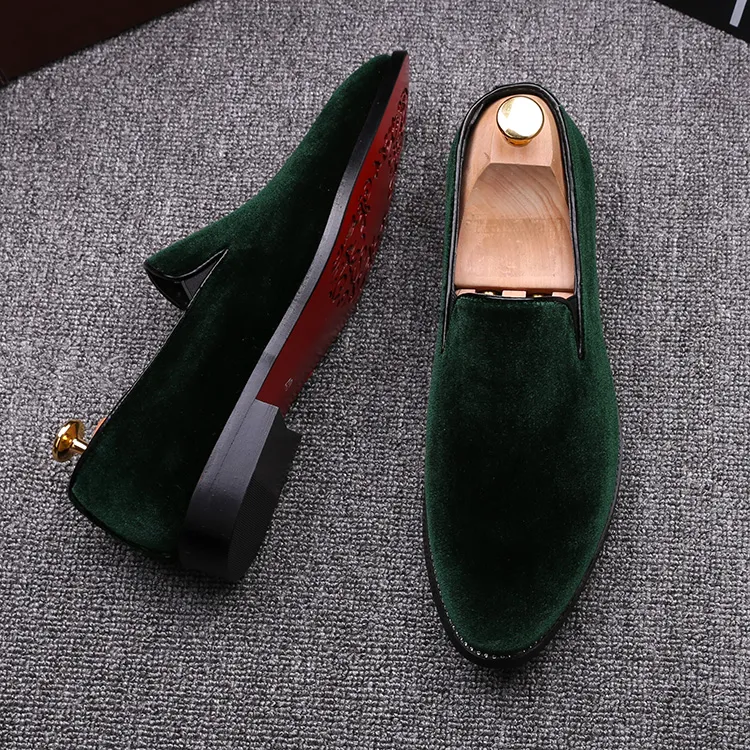 New mens velvet dress shoes loafers pointed wedding casual shoes Red green black shoes