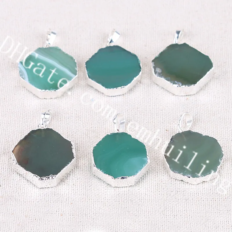 10Pcs 20-30mm Small Octagon Shape Silver Plated Edge Green Agate Pendant Charm Lucky Natural Brazillian Agate Slice Gemstone Jewelry Pendant