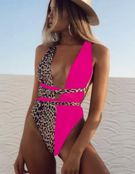 Top Kobiety 2020 Solidne Bikini Hot Sprzedaż Splicing Halter Leopard Wzór ażurowy Pasek One Piece Drukowanie Yakuda Elastyczne Stylowe Jeden kawałek