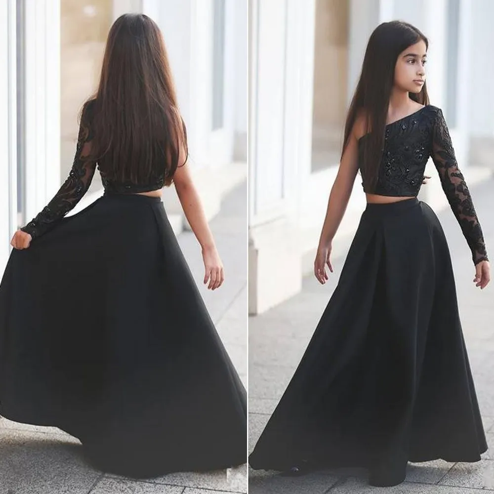 Elegant Black Flower Girl Dresses Satin One Shoulder Long Sleeve Dresses For Teens Kids From Babynice666 69.8 DHgate.Com