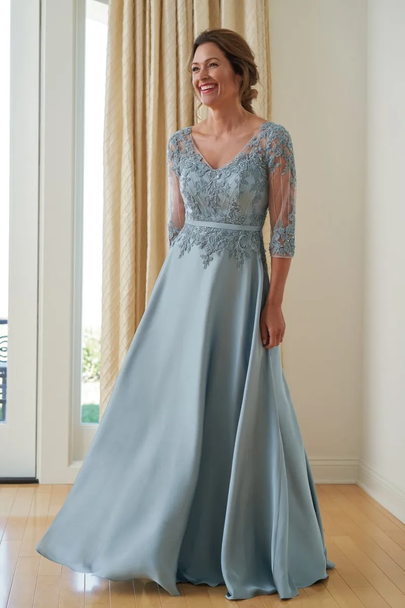 DHgate A Line Jasmine Mother of the Bride Dress with V Neck Long Sleeves and Sash Wedding Party Events