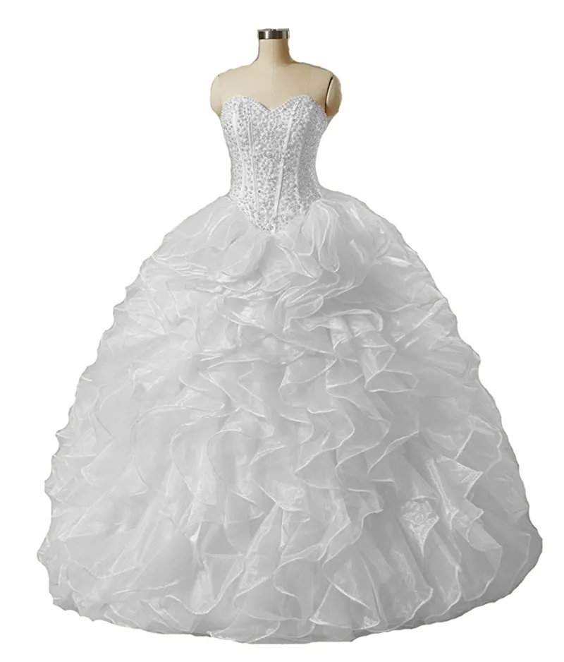 2019 Elegantes weißes Ballkleid Quinceanera-Kleider mit Perlen, süßes 16-jähriges Spitzen-Abschlussball-Party-Abendkleid Vestidos De 15 Anos QC1398