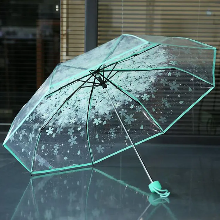 100pcs lot Transparent Clear Umbrella Handle Windproof 3 Fold Umbrella Cherry Blossom Mushroom Apollo Sakura women Girl's Umb282i