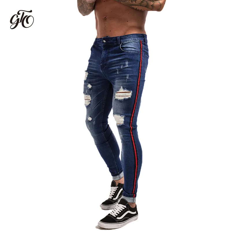 Gingtto déchiré jean pour hommes Hip Hop Super maigre hommes jean Stretch bleu jean marque de créateur mode coupe ajustée livraison directe zm21