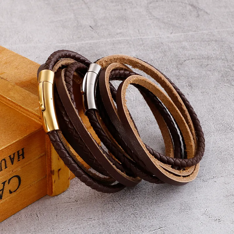 Mens Cool stainless steel multi - layer cowhide Leather fashion jewelry bracelet bangle