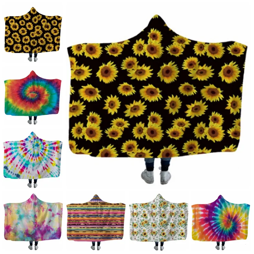 Hooded Blanket Sunflower Kids Throw Blankets Wearable Fleece Blanket Bedding Supplies Christmas Gift Leopard Tie Dye 18 Designs 5pcs DW4278