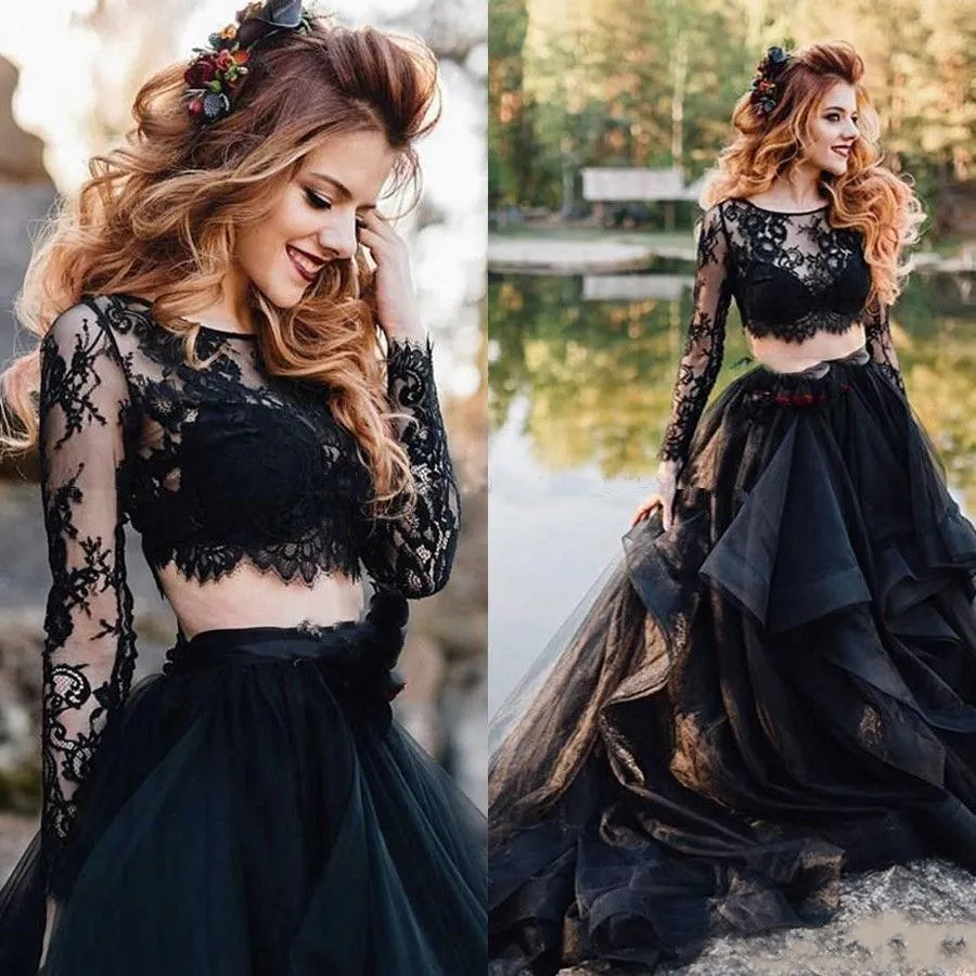2020 Gothic Two Pieces Black Wedding Dresses Vintage Long Sleeve Lace Top  Ruffles Skirt A Line Bridal Gowns Custom Plus Size From Cinderelladress,  $167.84